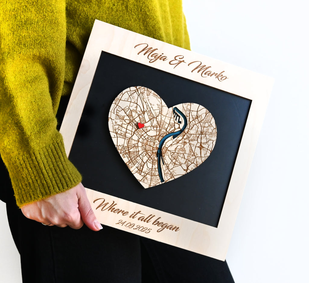 Personalized Wooden Heart Map - One Location Gift for Weddings & Couples