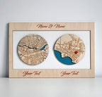 Personalized Wooden Circle Maps – Two Locations Custom Gift for Couples, Housewarming & Friends