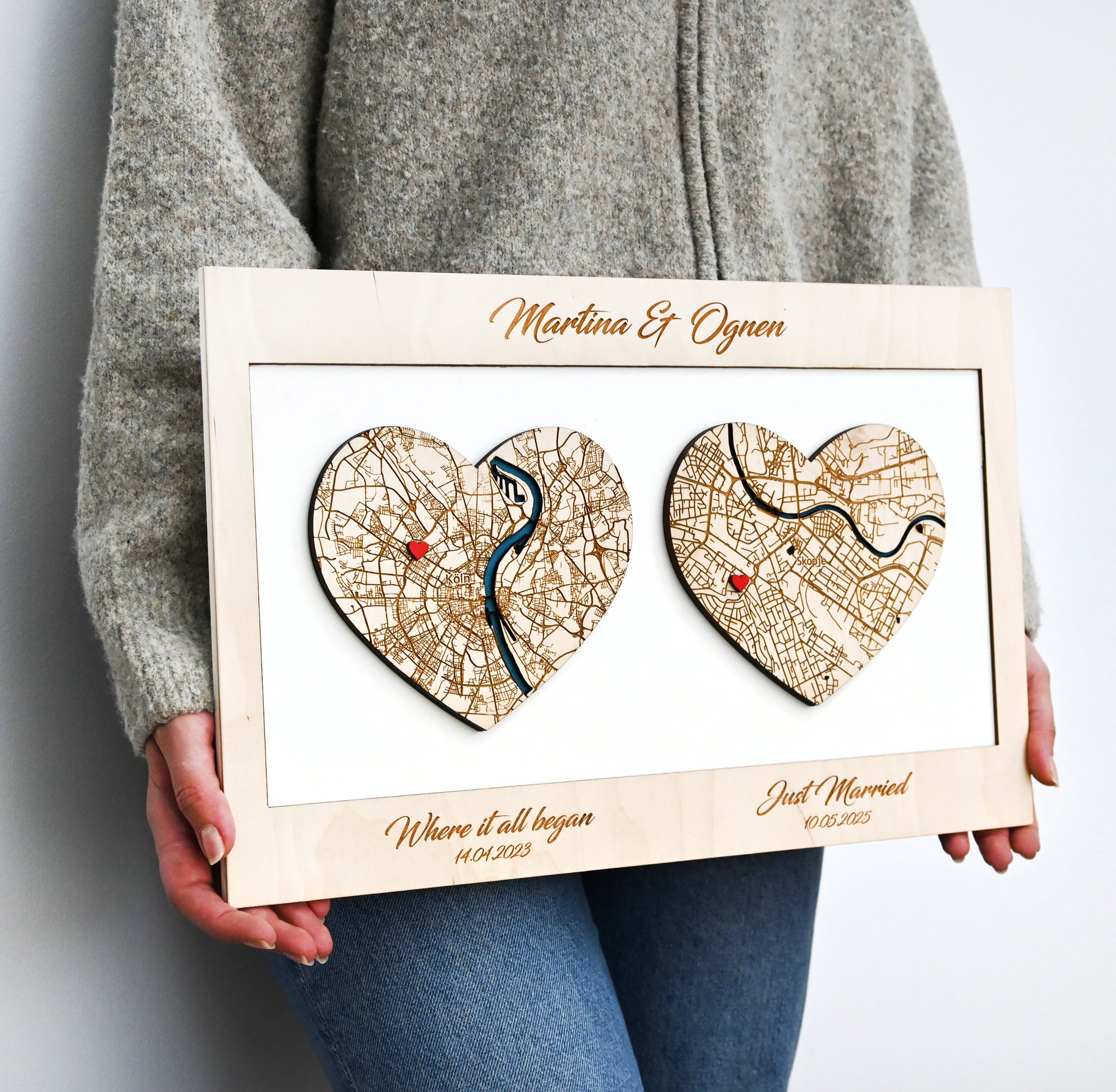 Personalized Wooden Heart Maps - Two Locatios Gift for Weddings & Couples