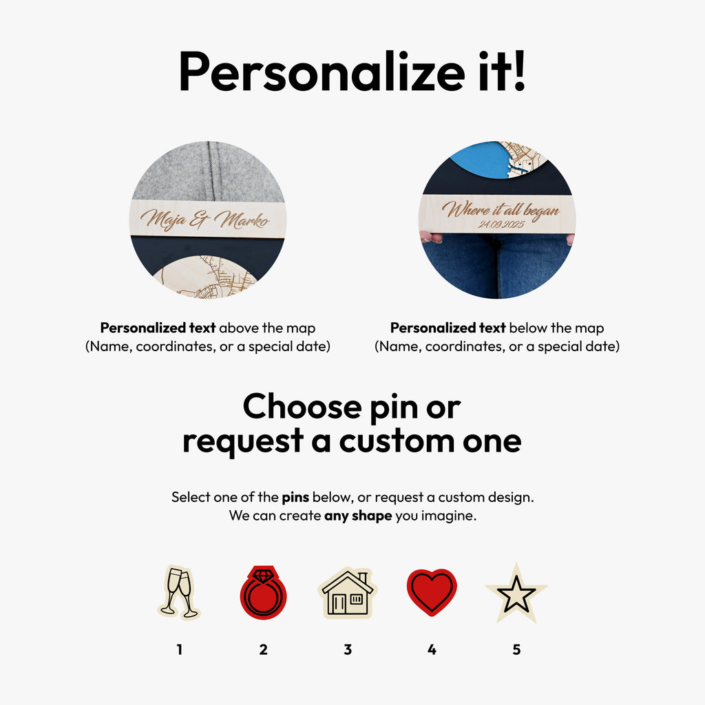 Personalized Wooden Circle Maps – Two Locations Custom Gift for Couples, Housewarming & Friends