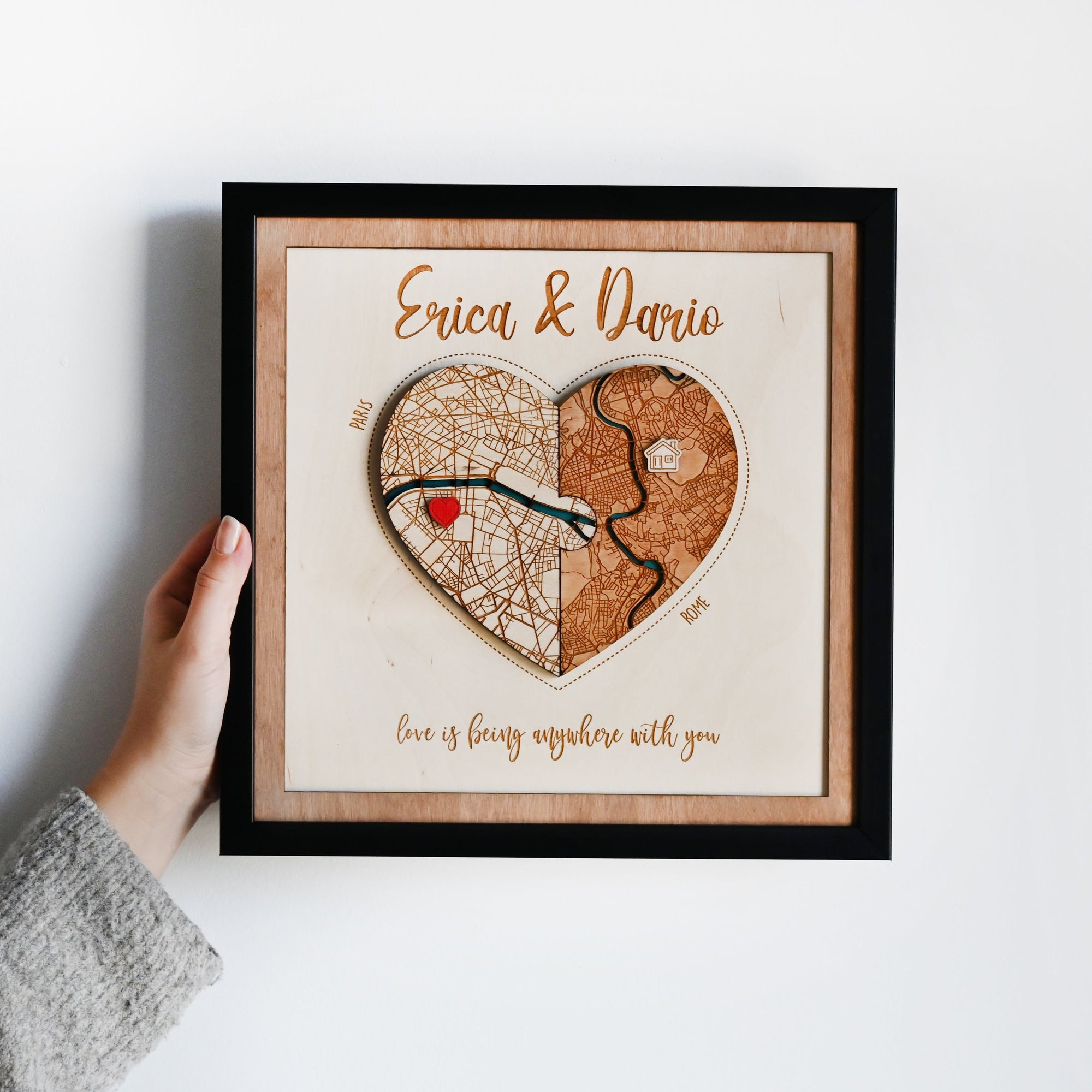 Personalized Wooden Heart Map Puzzle - Two Locatios Frame Gift for Weddings & Couples
