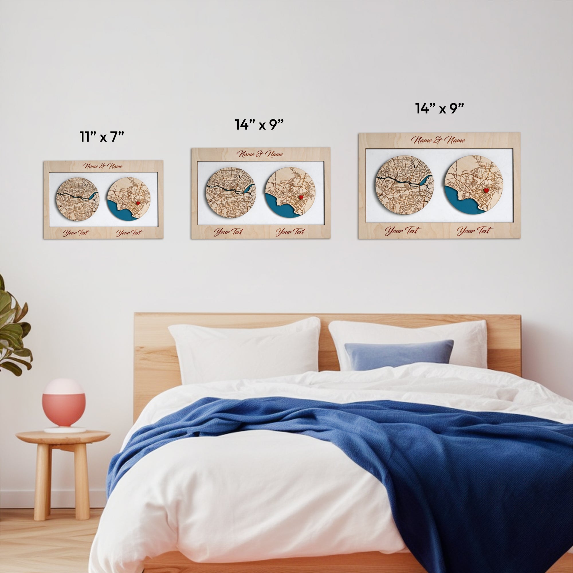 Personalized Wooden Circle Maps – Two Locations Custom Gift for Couples, Housewarming & Friends