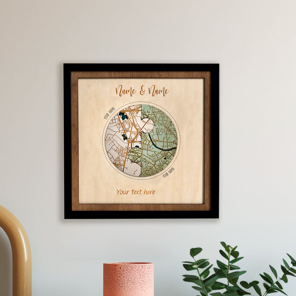 Personalized Wooden Circle Map Puzzle - Two Locatios Frame Gift for Weddings & Couples