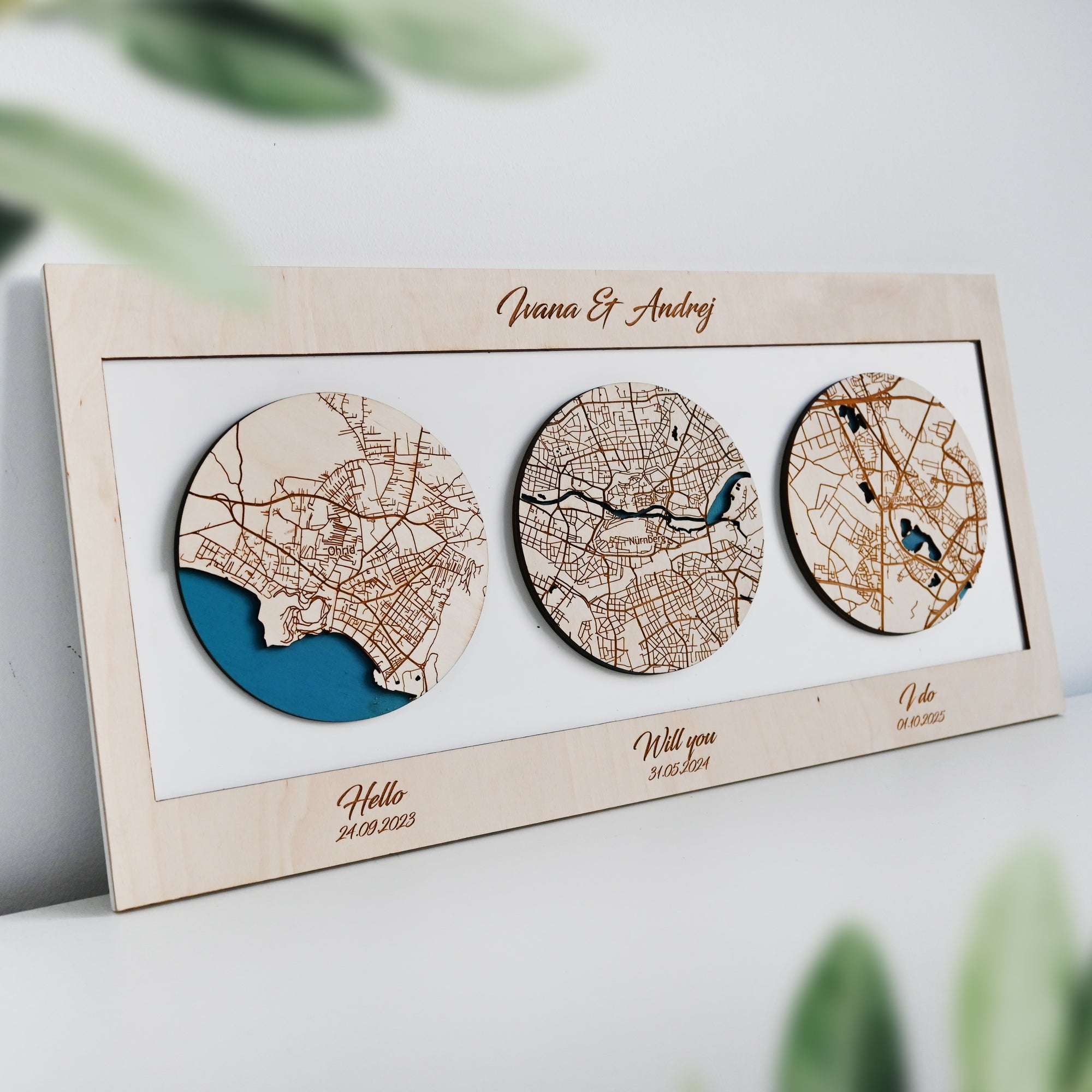 Personalized Wooden Circle Maps – Three Locations Custom Gift for Couples, Housewarming & Friends