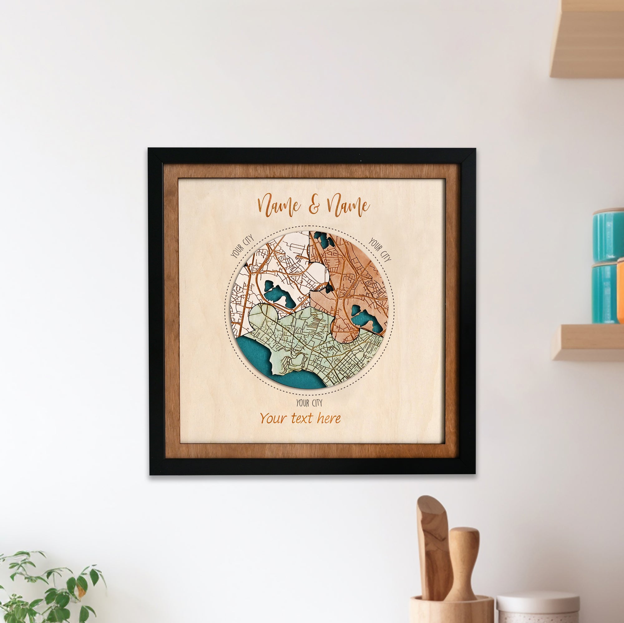 Personalized Wooden Circle Map Puzzle - Three Locatios Frame Gift for Weddings & Couples