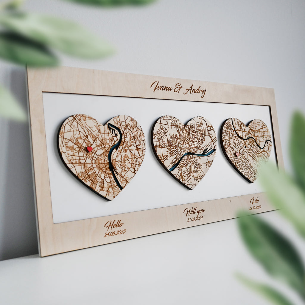Personalized Wooden Heart Maps - Three Locatios Gift for Weddings & Couples