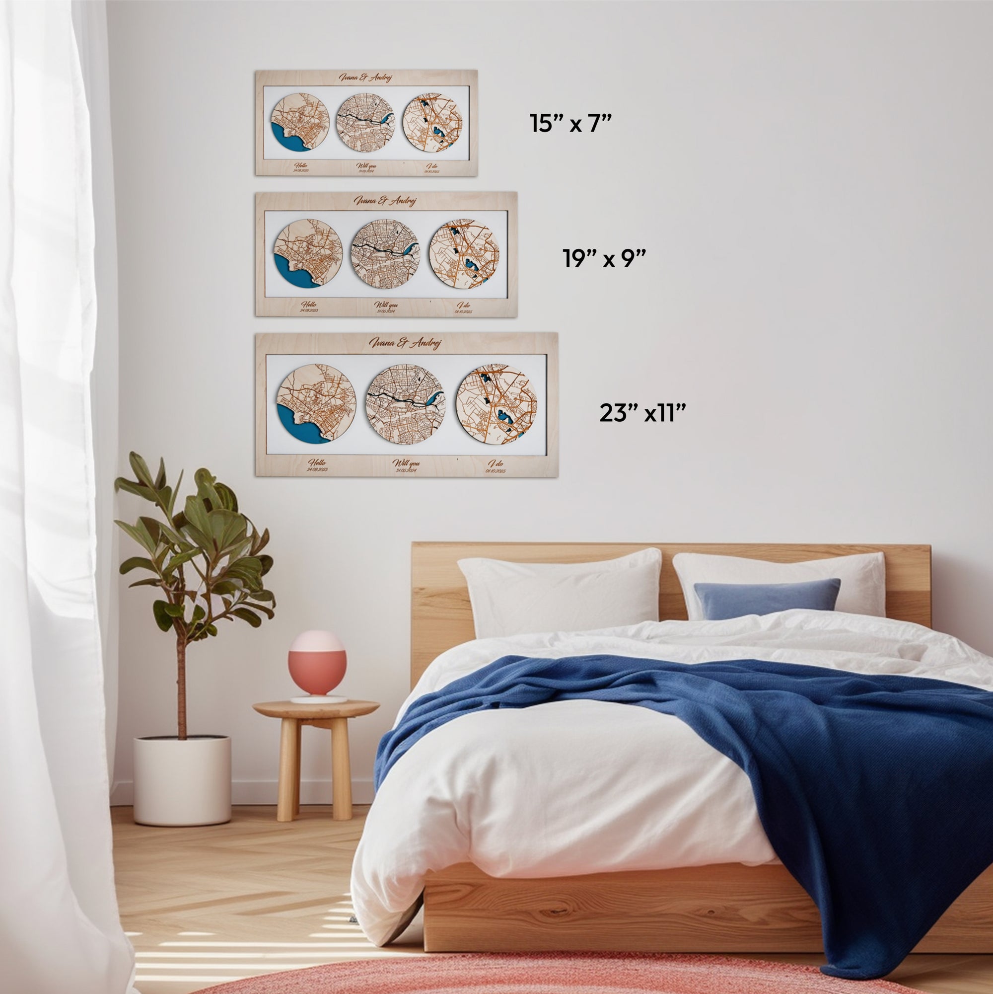 Personalized Wooden Circle Maps – Three Locations Custom Gift for Couples, Housewarming & Friends