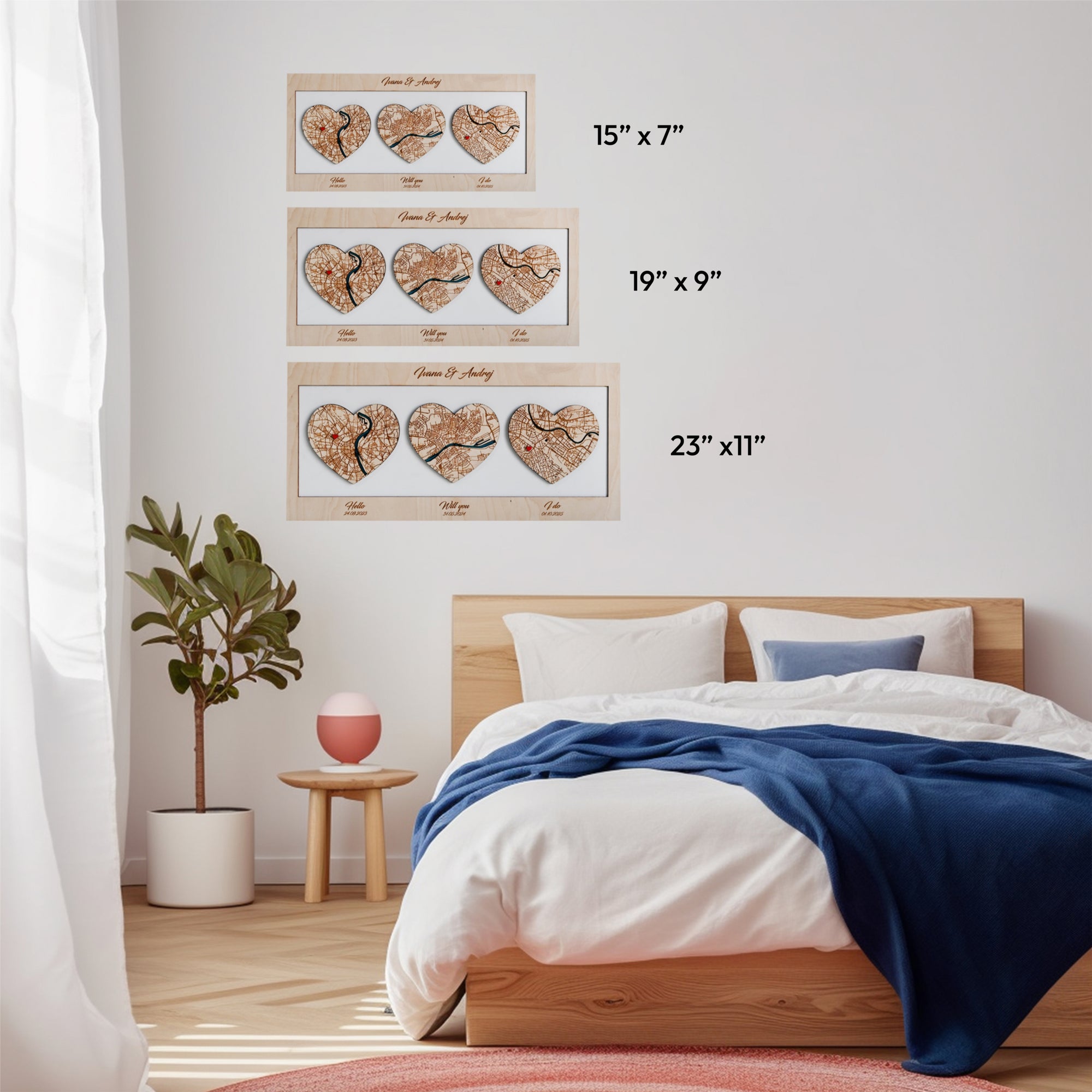 Personalized Wooden Heart Maps - Three Locatios Gift for Weddings & Couples
