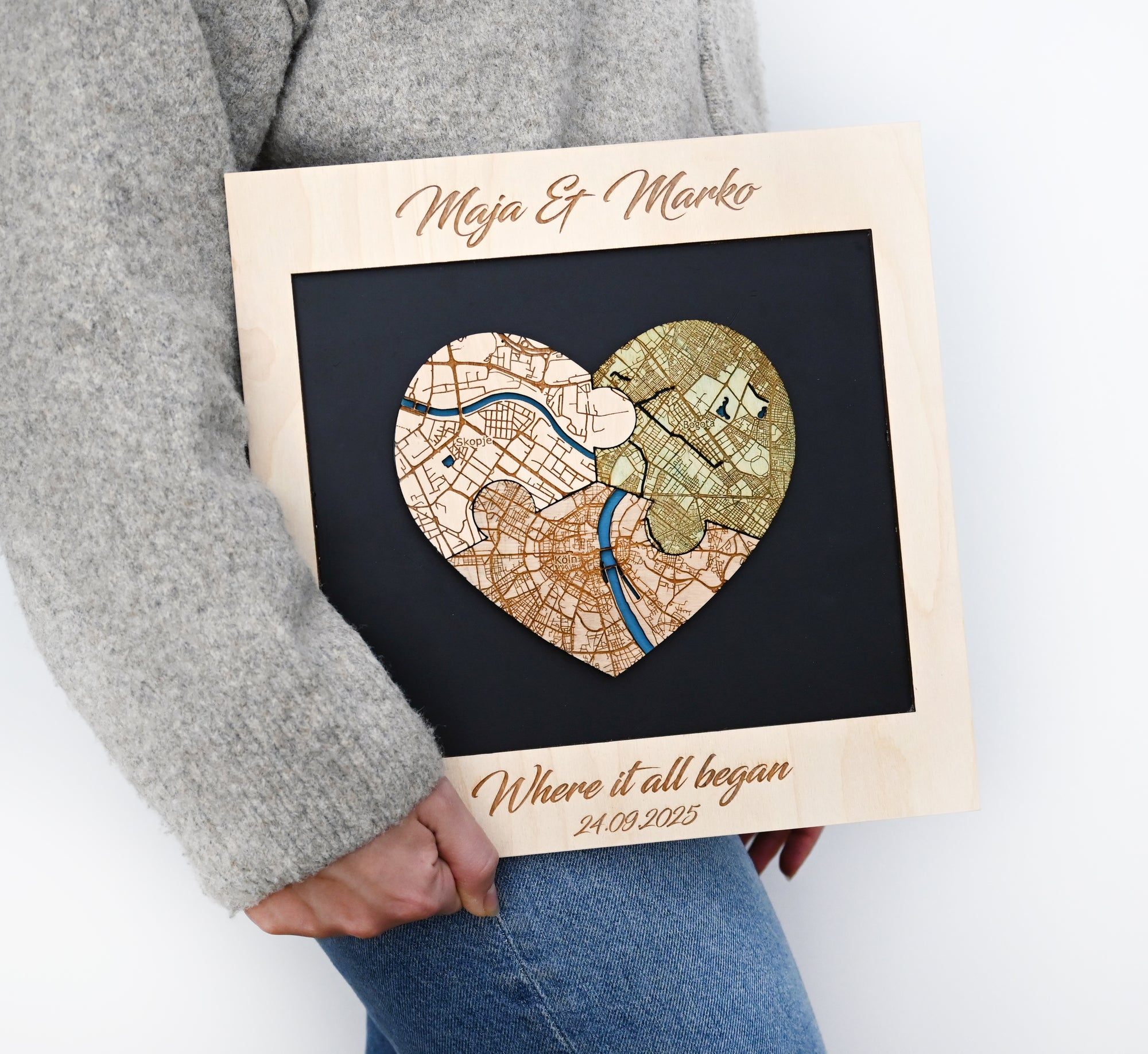 Personalized Wooden Heart Map Puzzle - Three Locatios Gift for Weddings & Couples