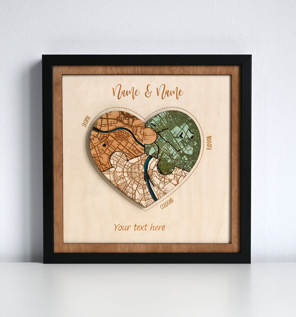 Personalized Wooden Heart Map Puzzle - Three Locatios Frame Gift for Weddings & Couples