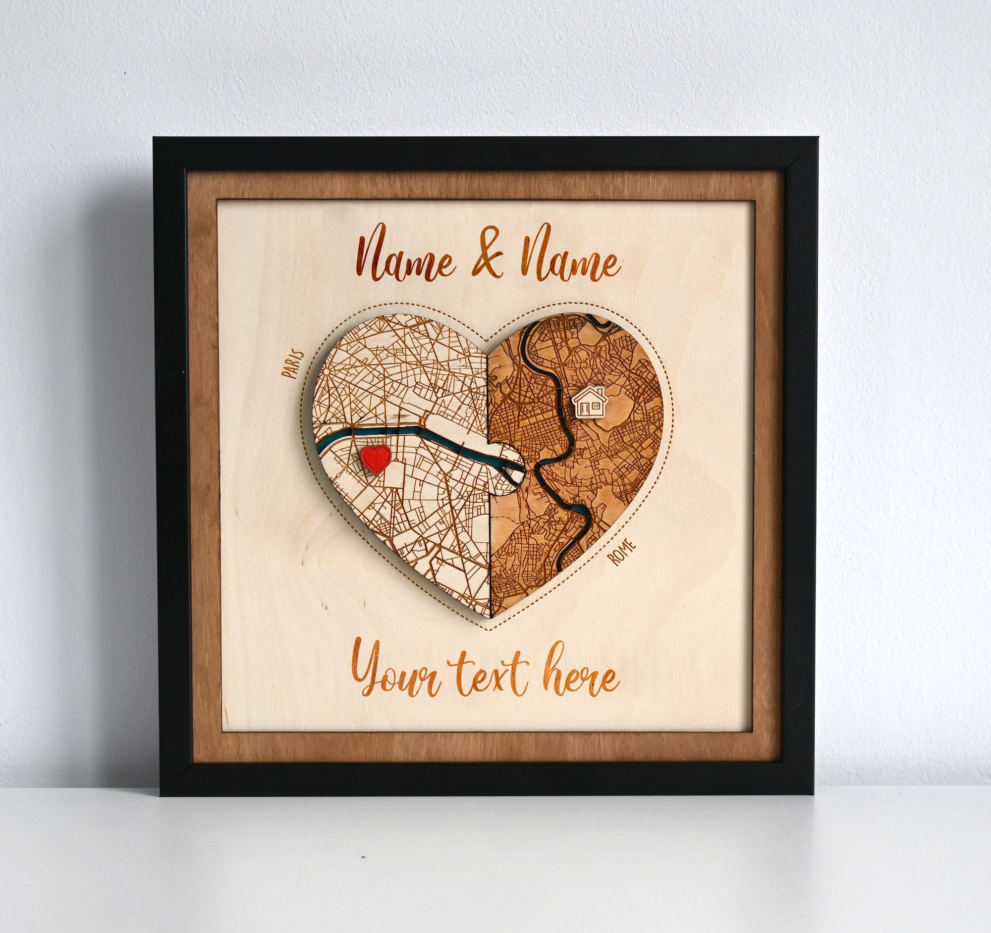 Personalized Wooden Heart Map Puzzle - Two Locatios Frame Gift for Weddings & Couples