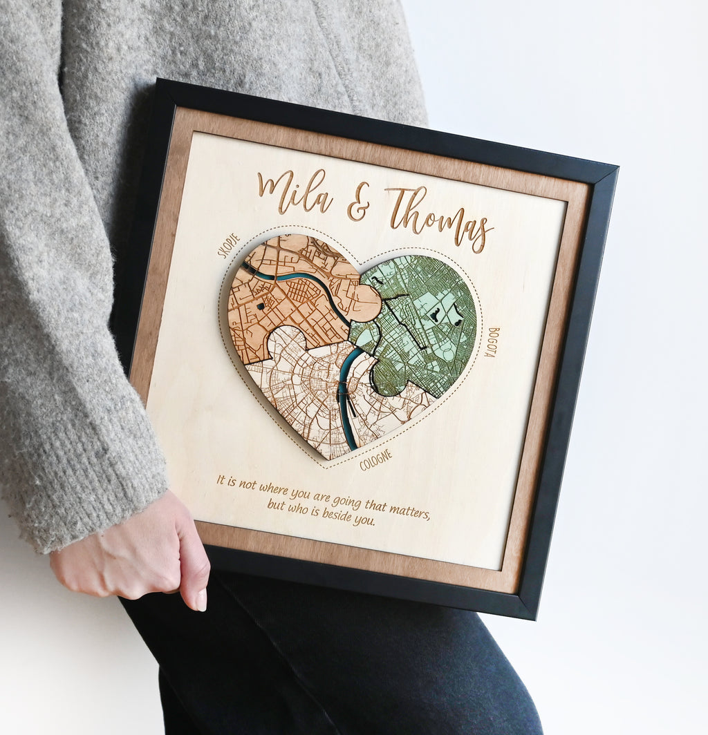Personalized Wooden Heart Map Puzzle - Three Locatios Frame Gift for Weddings & Couples
