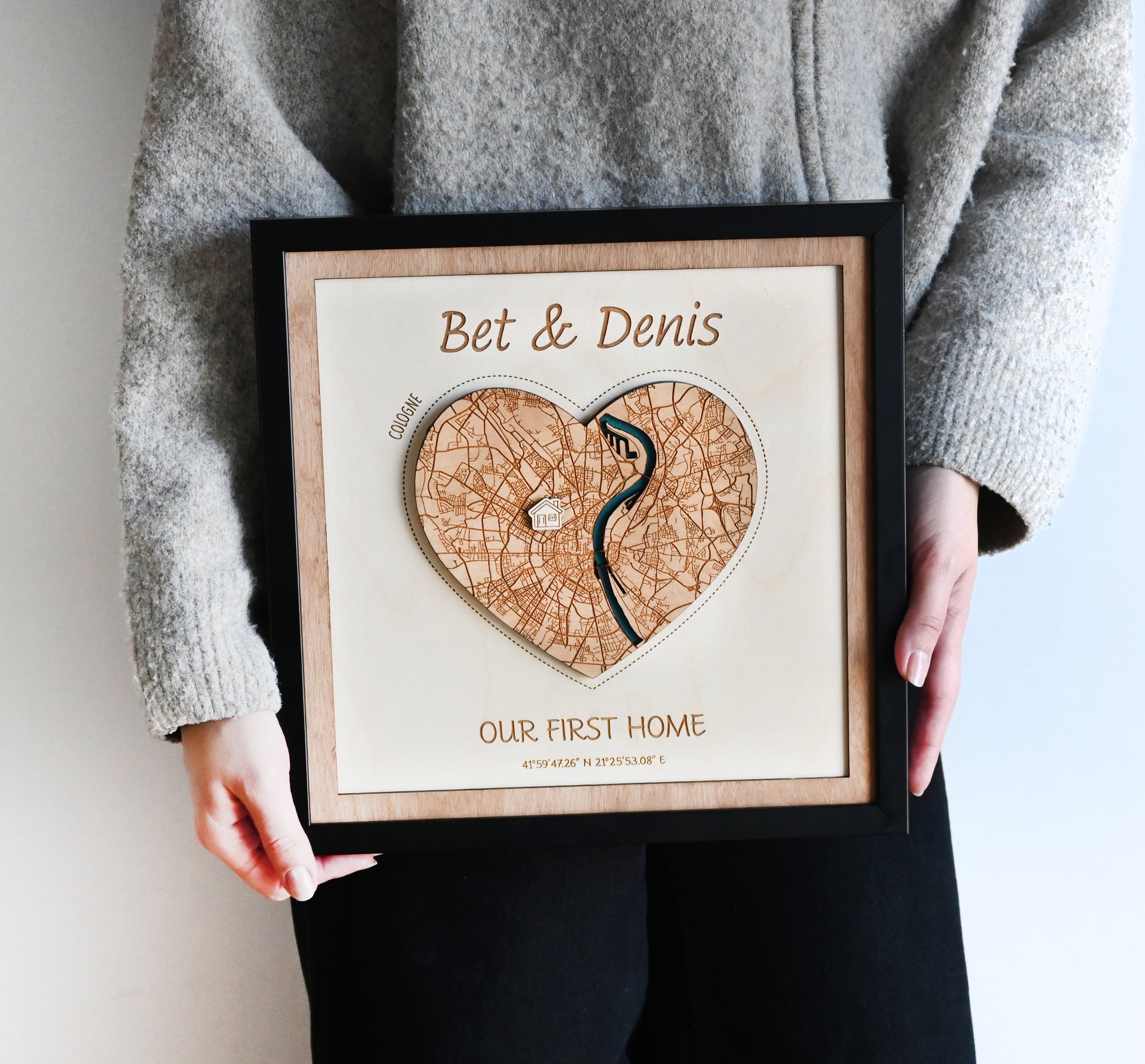 Personalized Wooden Heart Map - Custom First Home Map Gift for Housewarming & New Home