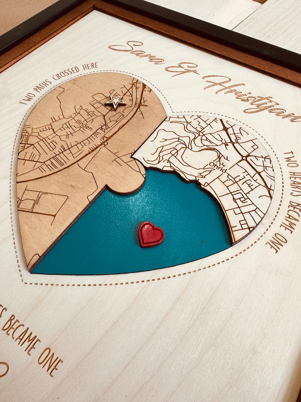 Personalized Wooden Heart Map Puzzle - Two Locatios Frame Gift for Weddings & Couples