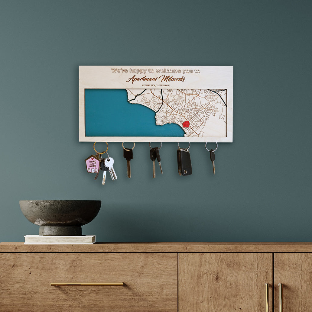 Custom Map Key Holder 5 keys - Unique Gift For New Home, Housewarming