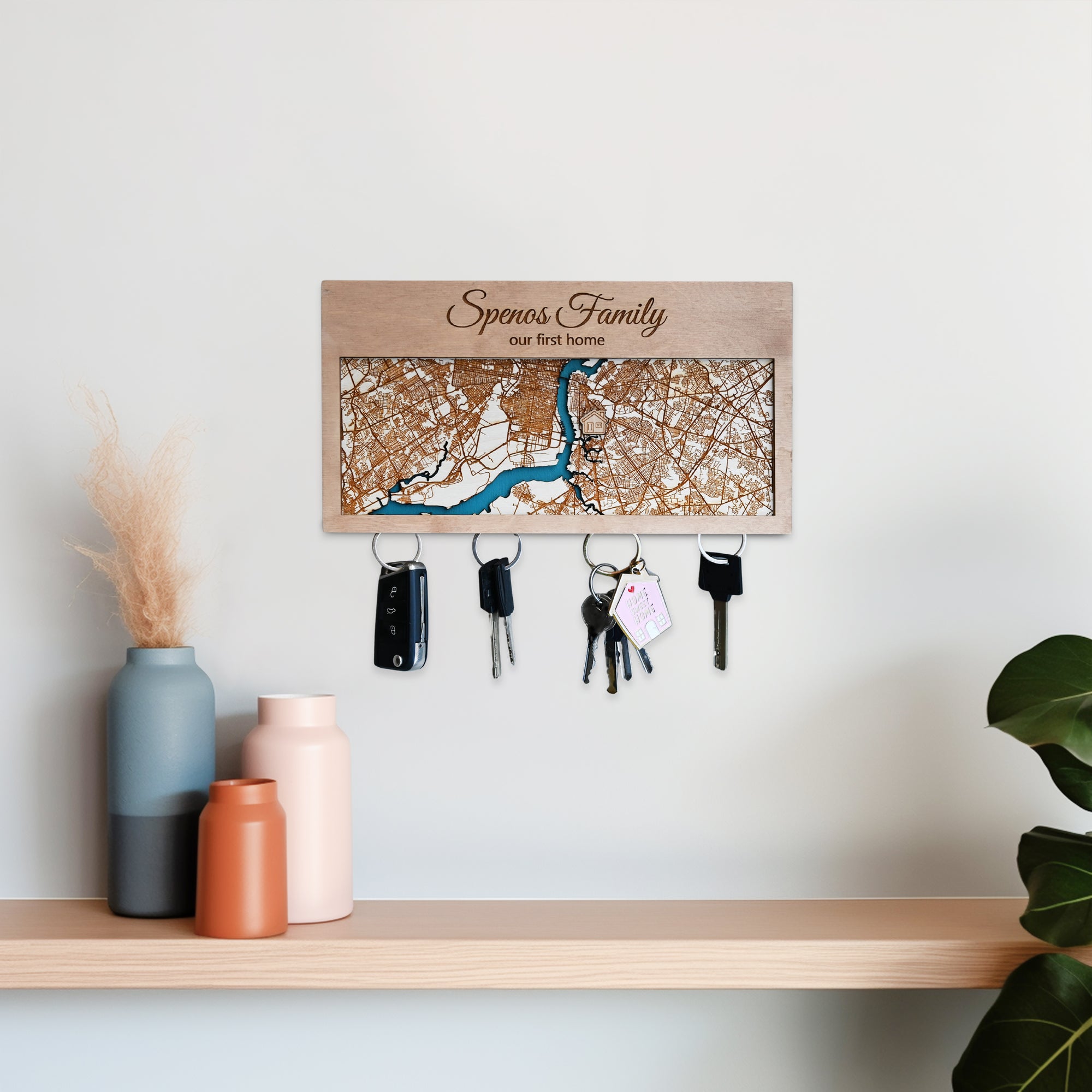 Custom Map Key Holder 4 keys - Unique Gift For New Home, Housewarming
