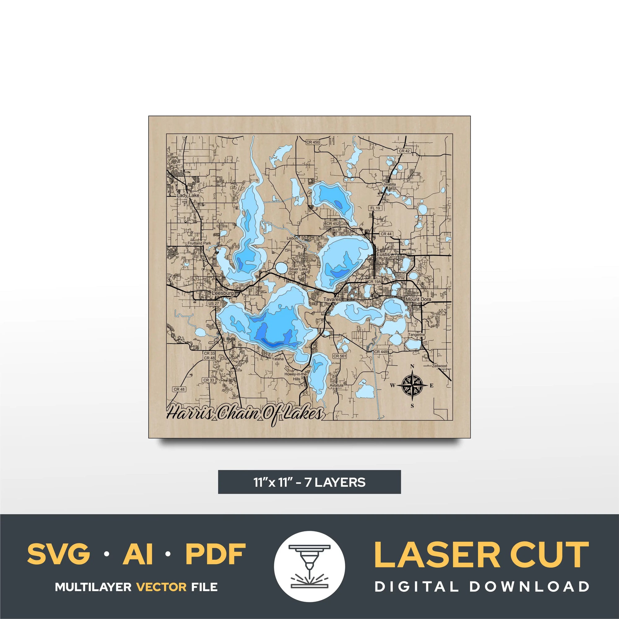 Lake Harris Chain of Lakes Florida Laser Cut File
