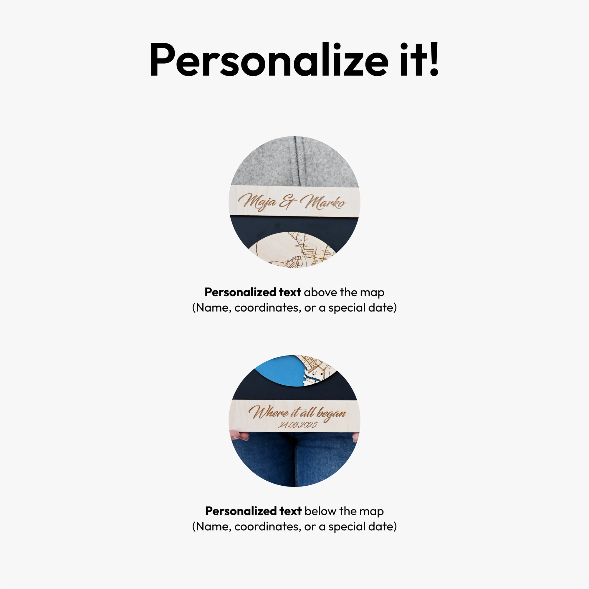 Personalized Wooden Heart Maps - Three Locatios Gift for Weddings & Couples