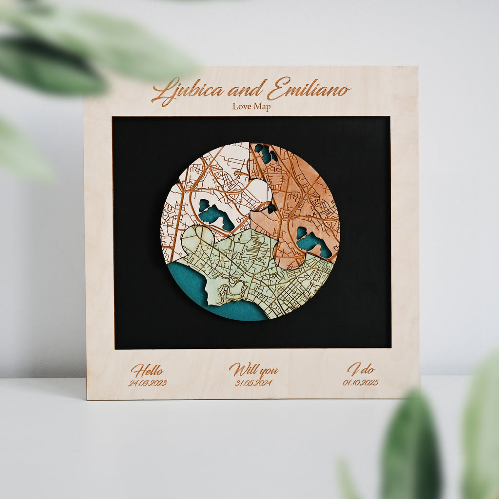 Personalized Wooden Circle Map Puzzle - Three Locatios Gift for Weddings & Couples
