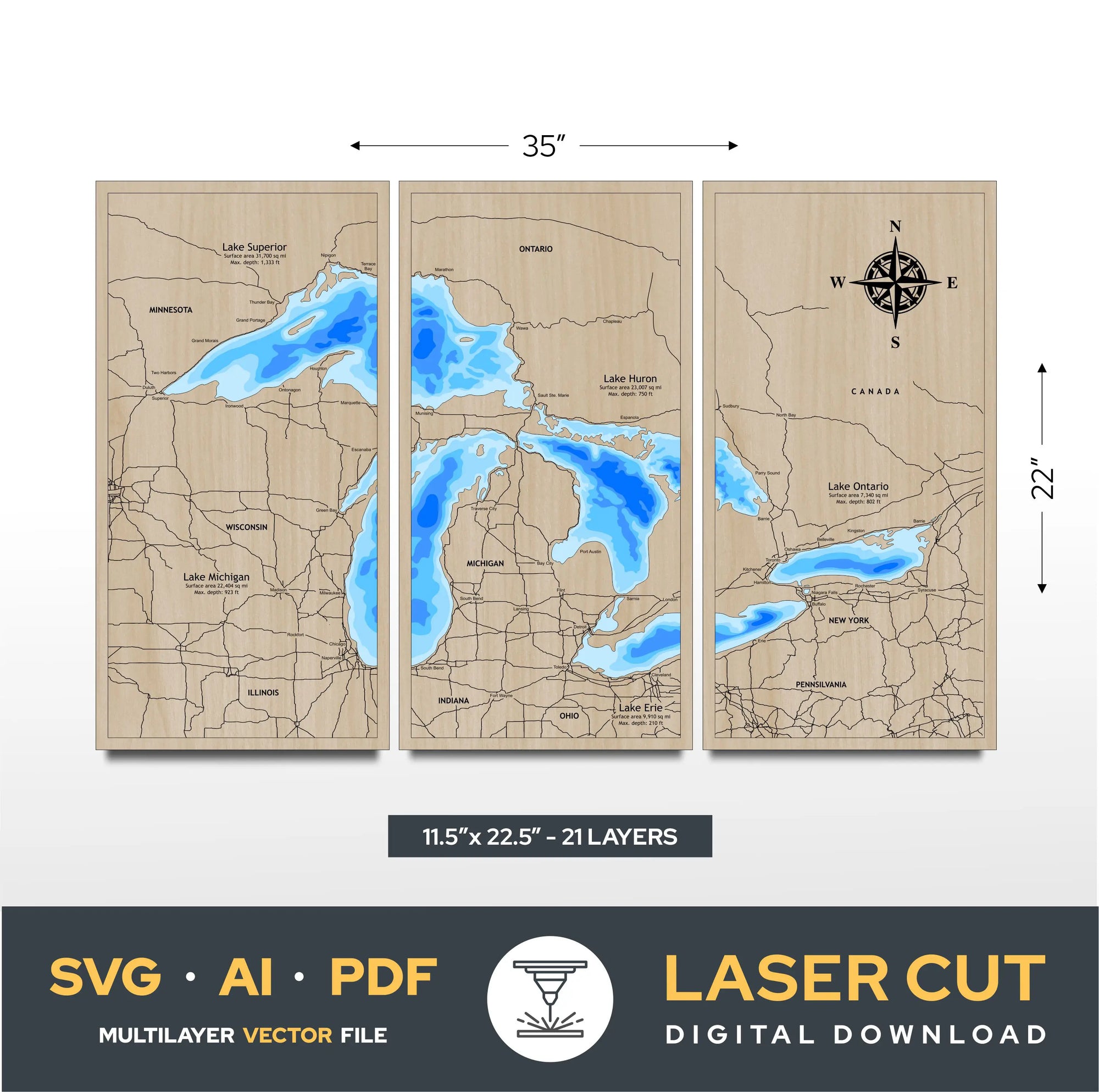 The Great Lakes 3 Panel Laser Cut File
