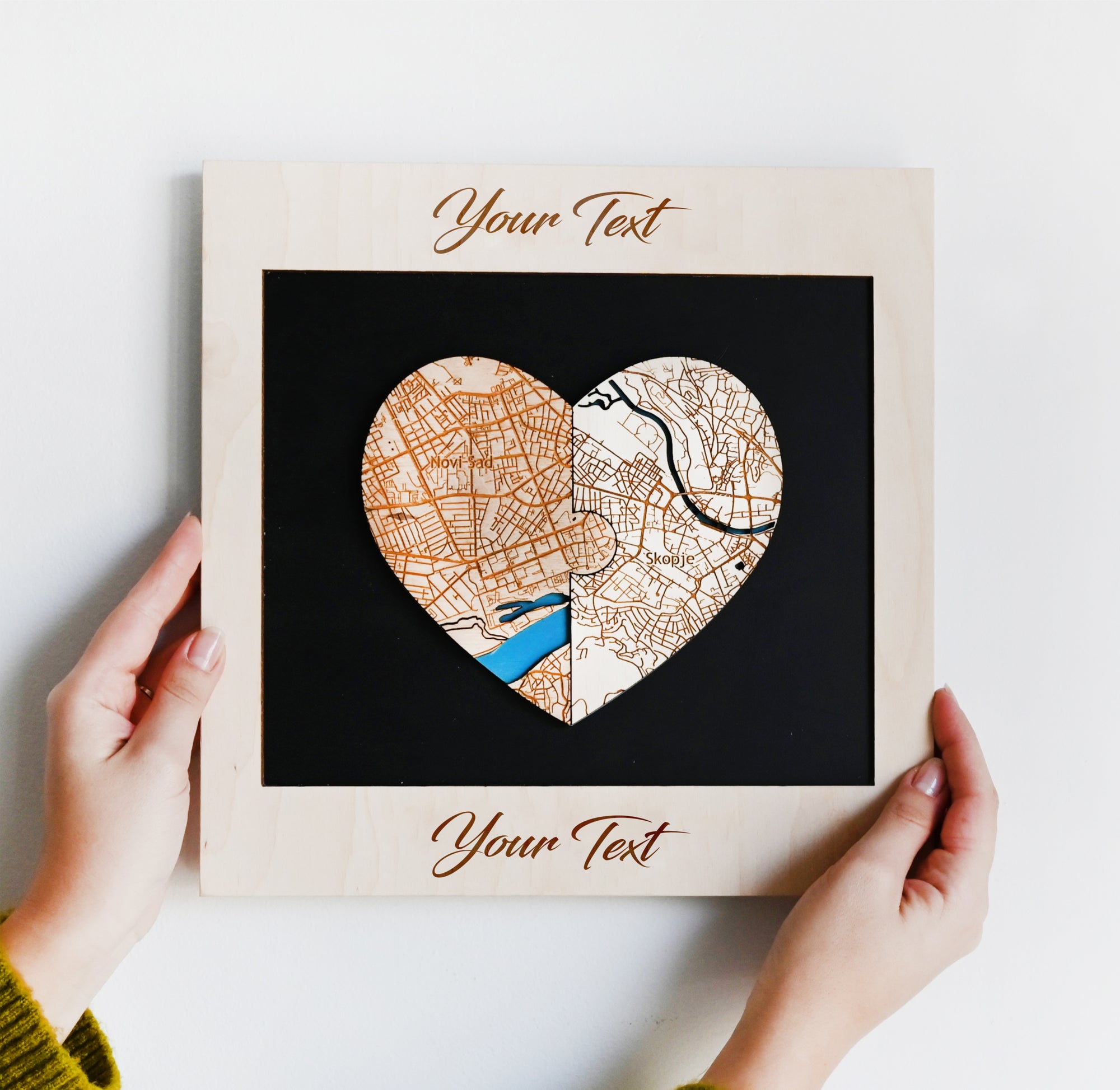 Personalized Wooden Heart Map Puzzle - Two Locatios Gift for Weddings & Couples