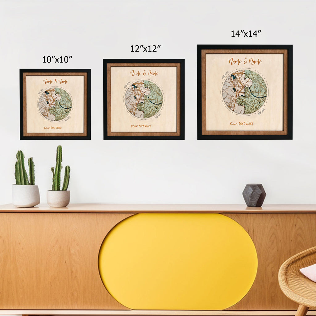 Personalized Wooden Circle Map Puzzle - Two Locatios Frame Gift for Weddings & Couples