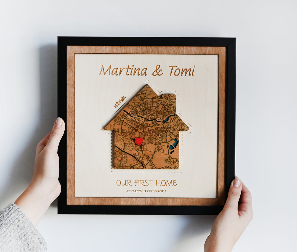 Personalized Wooden House Map - Custom Home Map Gift for Housewarming & New Home