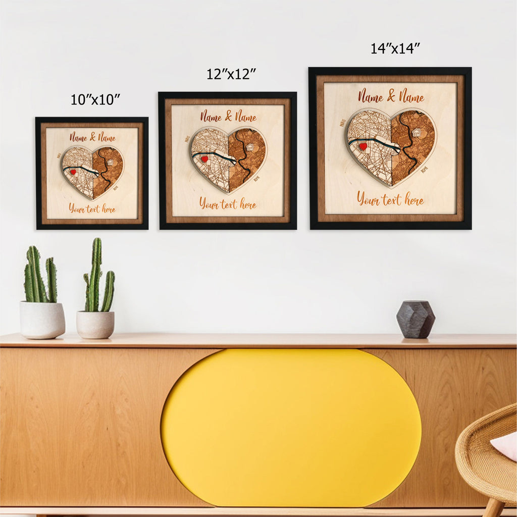 Personalized Wooden Heart Map Puzzle - Two Locatios Frame Gift for Weddings & Couples